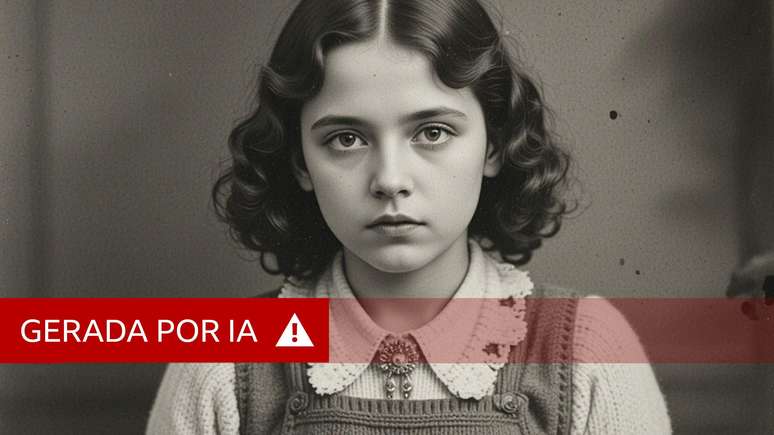 Uma imagem em preto e branco gerada por IA de uma jovem com cabelos na altura dos ombros, vestindo um suéter de tricô com gola e um avental. Ela olha diretamente para a câmera enquanto tricota.