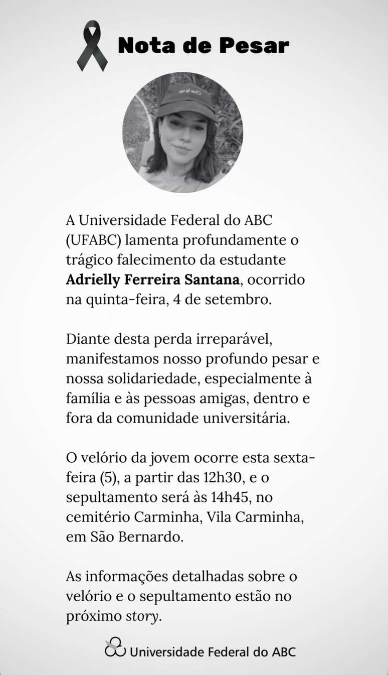 UFABC prestou homenagem à estudante Adrielly Ferreira Santana, encontrada morta em São Bernardo do Campo