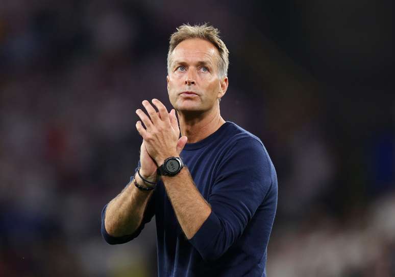 Kasper Hjulmand durante partida da Dinamarca 