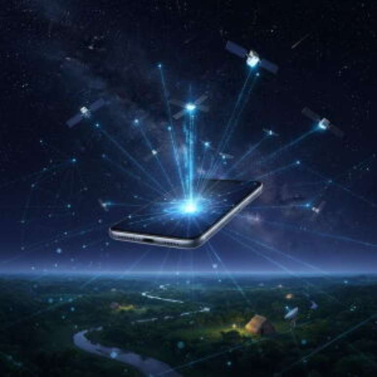 Smartphone recebendo conex&atilde;o de internet via sat&eacute;lite Starlink, garantindo acesso em &aacute;reas remotas do Brasil.