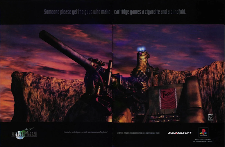 Propaganda de FFVII alfinetando a Nintendo que diz: "Algu&eacute;m por favor d&ecirc; um cigarro e uma venda aos caras que fazem jogos de cartucho"