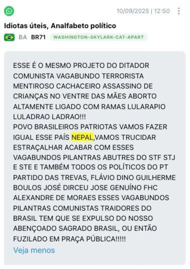 Exemplo de postagem em grupo de WhatsApp sobre o Nepal