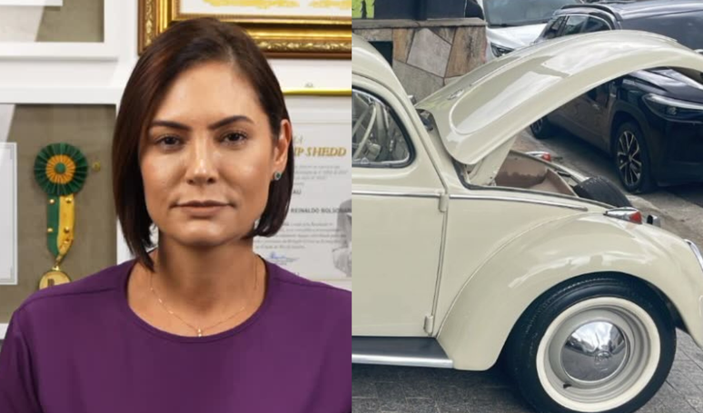 Capô de fusca de Michelle Bolsonaro é revistado e ex-primeira-dama se irrita: 'Cabe um homem de 1,85m?'.