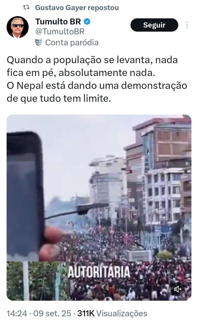 Captura de tela de postagem retuitada por Gustavo Gayer no X