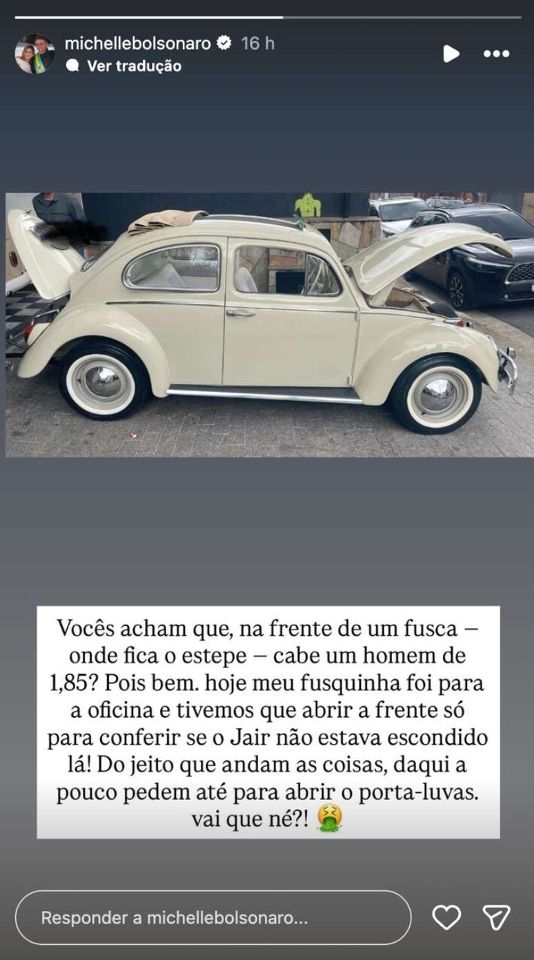 'Tivemos que abrir a frente s&oacute; para conferir se o Jair n&atilde;o estava escondido l&aacute;', escreveu Michelle Bolsonaro