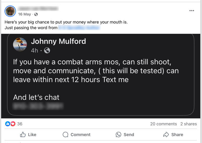 Johnny Mulford pediu nas redes sociais pessoas com especialidade militar de combate