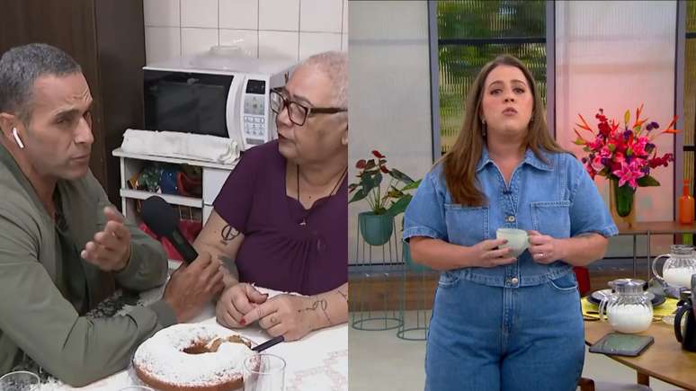 Fabricio Battaglini, Dona Neusa e Tati Machado no Mais Você (Reprodução/TV Globo)