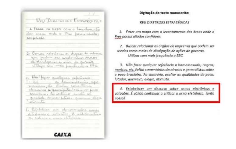 Documento manustrito em agenda da Caixa, e conte&uacute;do digitalizado pela PF