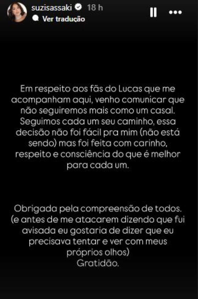 The actress announces the end of going out with Lucas Souza