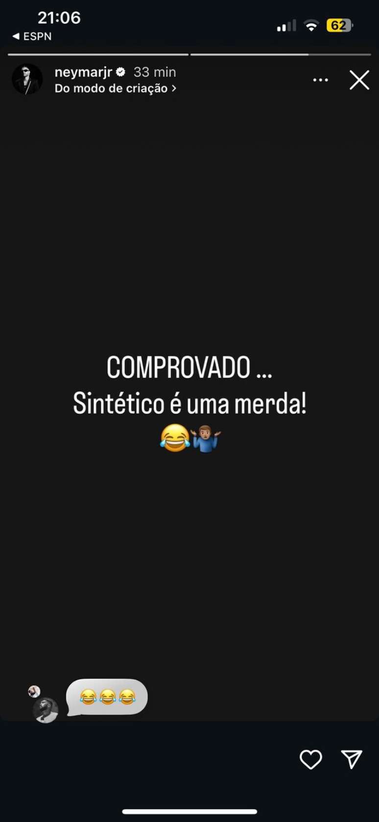 Post de Neymar no Instagram criticando gramado sint&eacute;tico