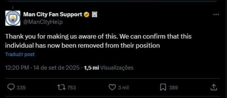 O clube informou que o funcionário foi retirado do cargo e agradeceu aos torcedores que registraram o momento