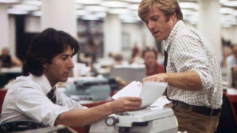 Dustin Hoffman e Robert Redford em Todos os Homens do Presidente, a hist&oacute;ria da reportagem do Washington Post sobre o esc&acirc;ndalo de Watergate