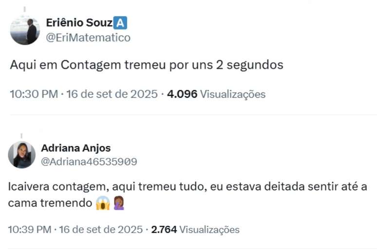 Moradores de Contagem (MG) relataram terem sentido terremoto nas redes sociais