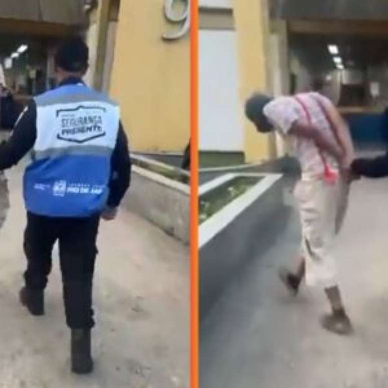 Homem vestido de Chaves sendo preso.