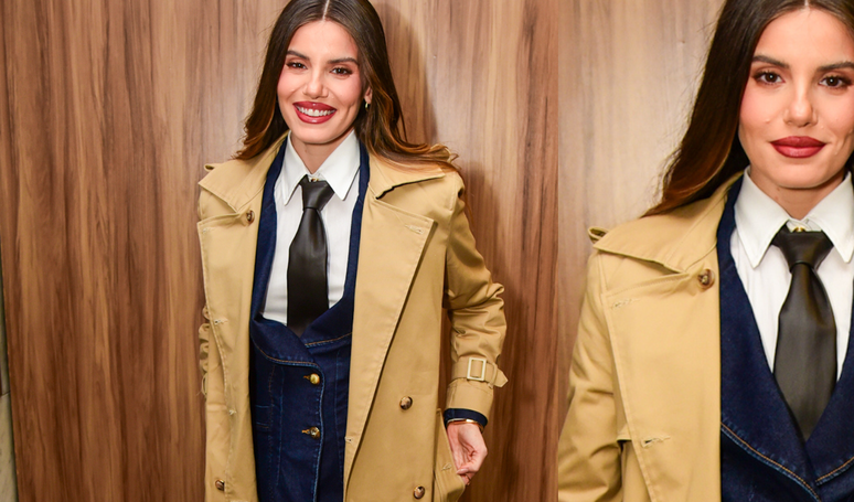 6 months of pregnancy, Camila Queiroz bets on luxury and tailoring trench coat mixed with jeans at a fashion event