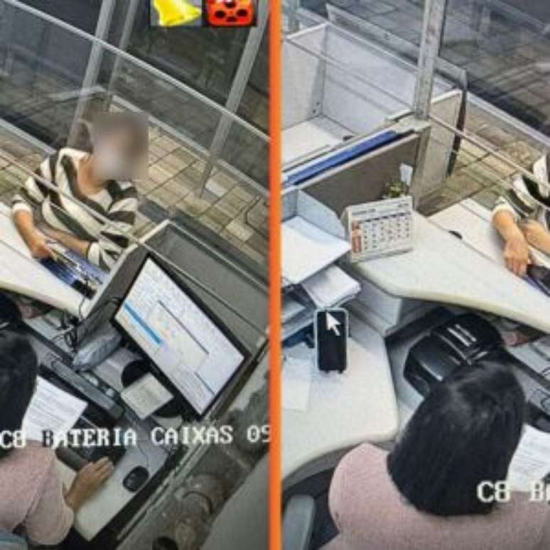 Mulher presa pela PF em agência bancária.