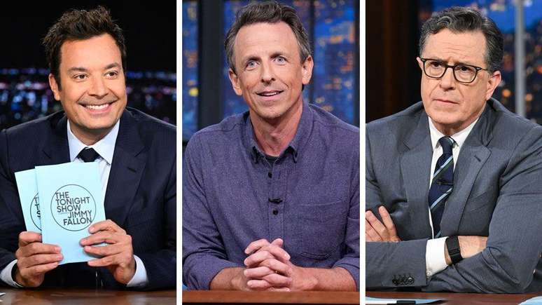 Jimmy Fallon, Seth Meyers e Stephen Colbert apoiaram Jimmy Kimmel nos seus programas noturnos de TV, na quinta-feira (18/9)