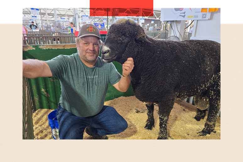 John Wilson, ao lado de Judah, o Grande Carneiro, na Feira Estadual de Iowa. Muitas das conversas durante o evento giraram em torno de Trump e suas tarifas