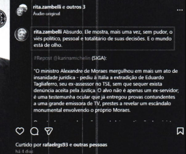 Publica&ccedil;&atilde;o de Rita Zambelli incentiva discurso de &oacute;dio contra a Justi&ccedil;a brasileira