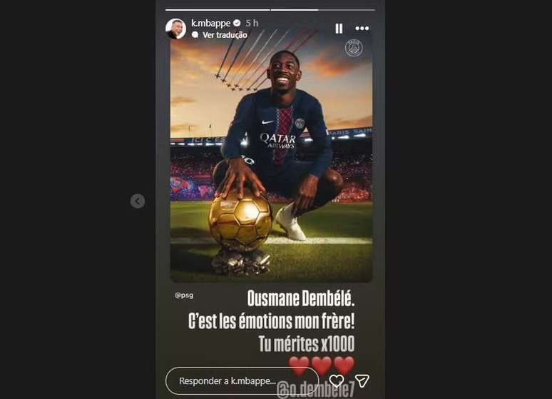 Mbapp&eacute; fala sobre premia&ccedil;&atilde;o de Demb&eacute;l&eacute; &ndash;