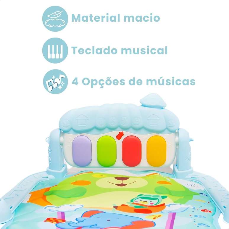 Tapete de Atividades Musical com Piano para Beb&ecirc;, Arco de Brinquedos Interativos, Estampado e Cores Vibrantes (Azul)