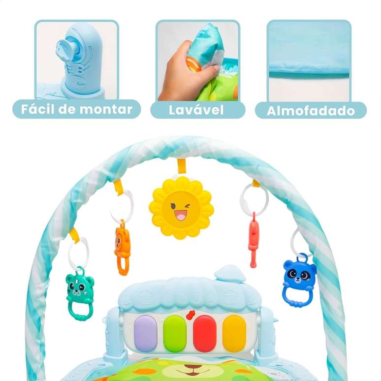 Tapete de Atividades Musical com Piano para Beb&ecirc;, Arco de Brinquedos Interativos, Estampado e Cores Vibrantes (Azul)