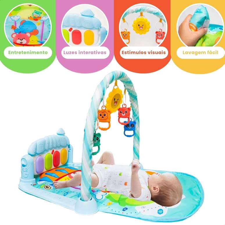 Tapete de Atividades Musical com Piano para Beb&ecirc;, Arco de Brinquedos Interativos, Estampado e Cores Vibrantes (Azul)