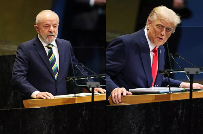Os presidentes Lula e Donald Trump durante seus discursos no Debate Geral da Assembleia Geral das Nações Unidas na sede da ONU em Nova York, em 23 de setembro de 2025