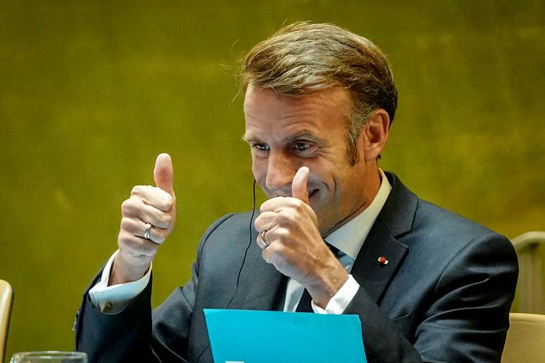 Emmanuel Macron em Nova York, durante conferência da ONU focada na questão da Palestina