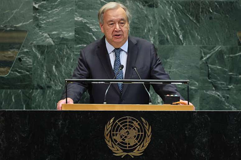Ant&oacute;nio Guterres, secret&aacute;rio-geral das Na&ccedil;&otilde;es Unidas (ONU), discursa durante a Assembleia Geral das Na&ccedil;&otilde;es Unidas (AGNU) em Nova York, EUA, na ter&ccedil;a-feira, 23