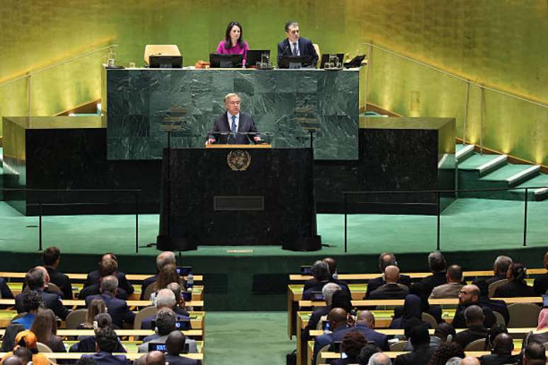 Ant&oacute;nio Guterres, secret&aacute;rio-geral das Na&ccedil;&otilde;es Unidas (ONU), discursa durante a Assembleia Geral das Na&ccedil;&otilde;es Unidas (AGNU) em Nova York, EUA, na ter&ccedil;a-feira, 23