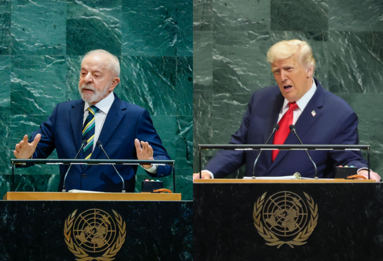 Montagem com fotos de Lula e Donald Trump na Assembleia Geral da ONU