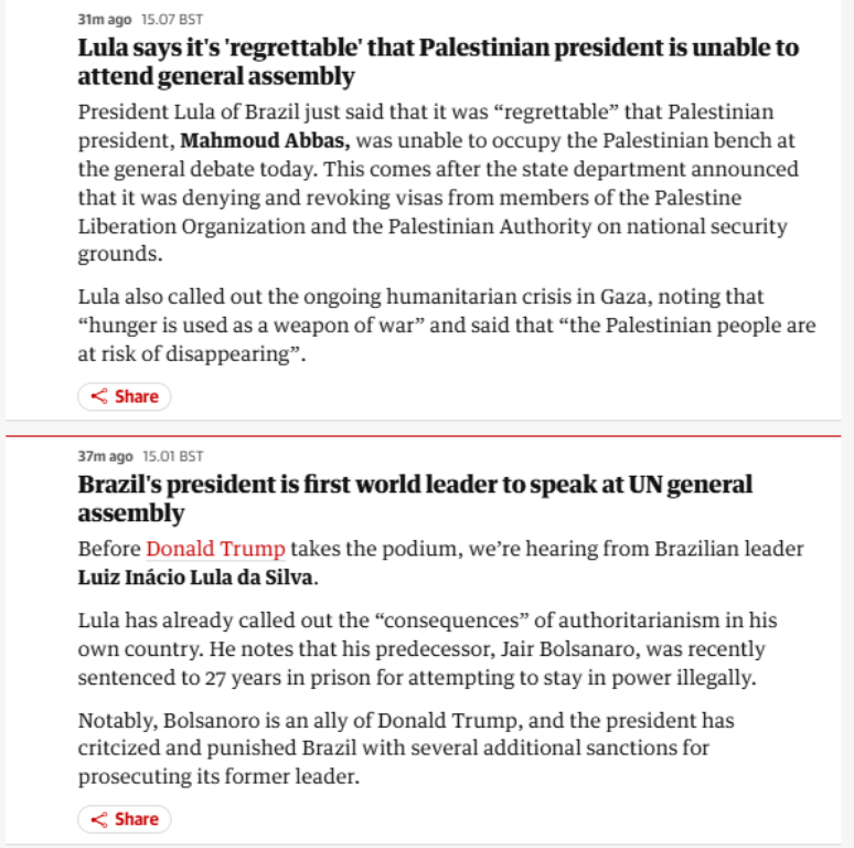The Guardian repercute fala de Lula na ONU