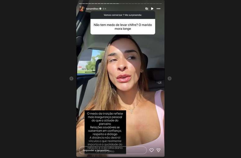 Tain&aacute; Castro respondeu seguidora sobre medo de trai&ccedil;&atilde;o em relacionamento &agrave; dist&acirc;ncia &ndash;