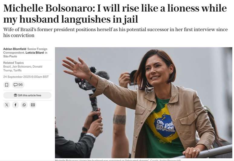 Jornal britânico 'The Daily Telegraph' destacou entrevista com a ex-primeira-dama Michelle Bolsonaro
