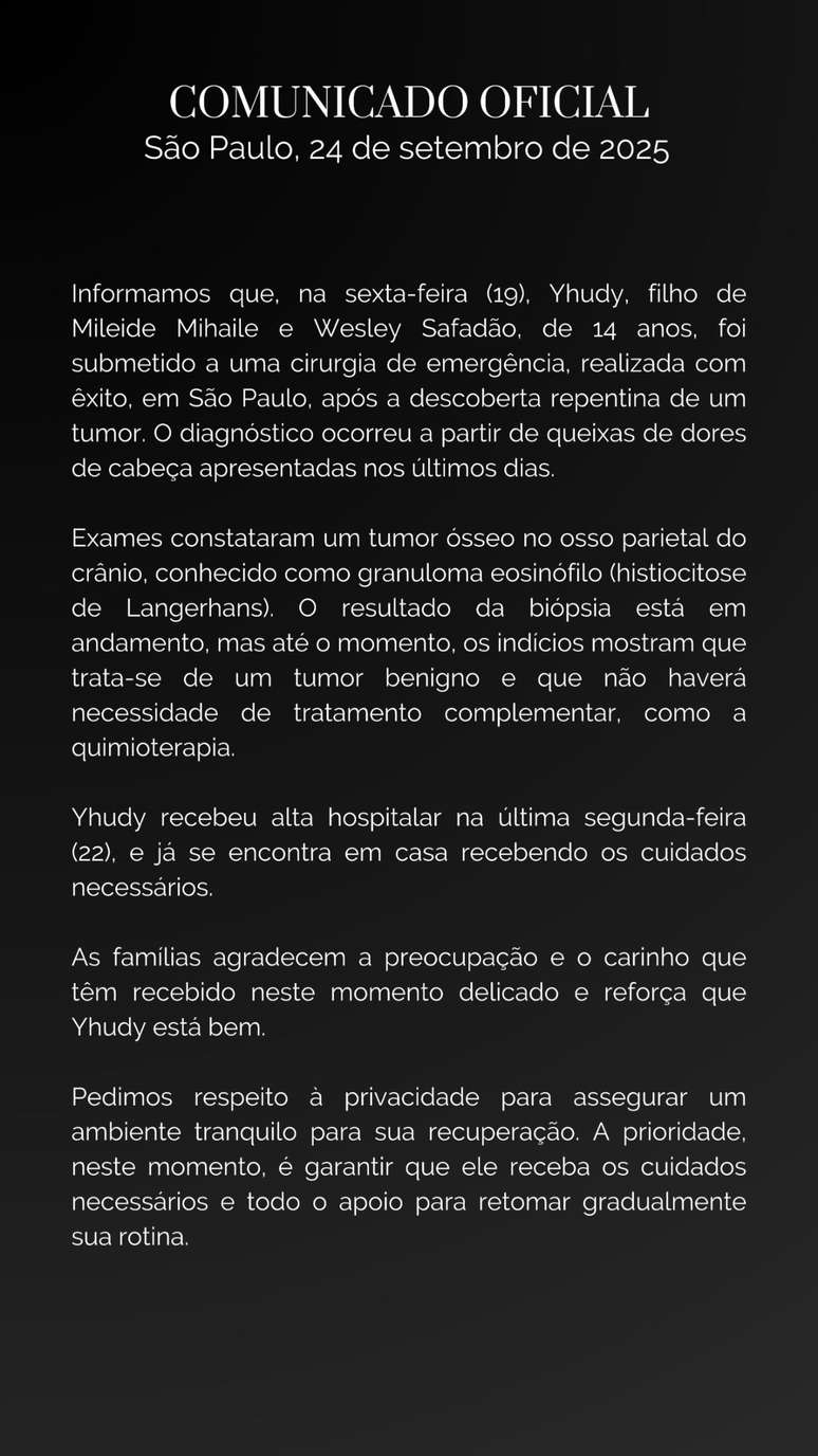 Comunicado publicado nas redes sociais dos pais, sobre a saúde de Yhudy