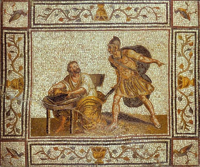 Mosaico romano do período imperial representando a morte de Arquimedes, morto por um soldado romano em Siracusa