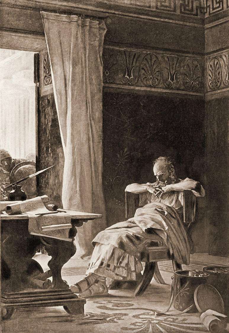 Gravura retrata o matemático e inventor grego Arquimedes sentado em uma cadeira pensando