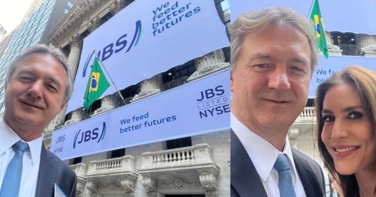 Joesley e a mulher, a jornalista e fazendeira Ticiana Villas Boas, diante da Bolsa de Valores de Nova York, em junho, quando a J&F fez sua estreia na instituição