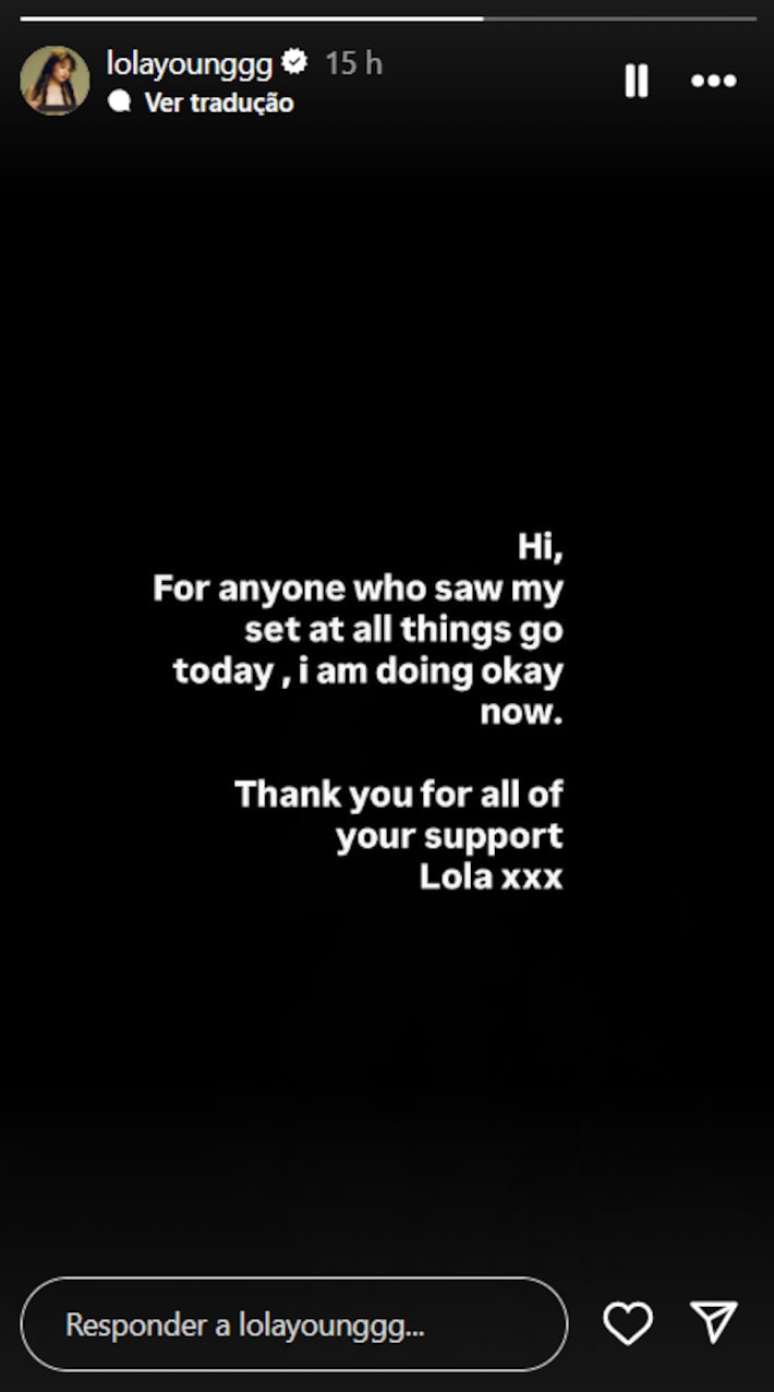 Cantora atualizou f&atilde;s pelo Instagram, garantindo que est&aacute; bem ap&oacute;s o incidente no festival