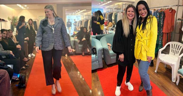 A humorista Still Esteves desfilou sorridente; ao lado, a estilista Carla Folloni com a comediante Milene Pavor&ocirc;