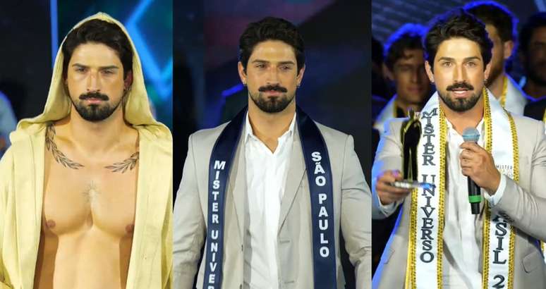 João Leone em três momentos da cerimônia final do concurso: representante de SP sempre esteve entre os favoritos