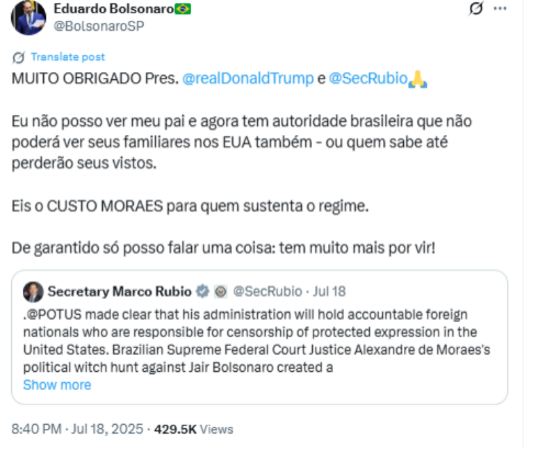 Tu&iacute;te de Eduardo Bolsonaro citado na den&uacute;ncia da PGR em que o deputado escreve:"de garantido s&oacute; posso falar uma coisa: tem muito mais por vir"