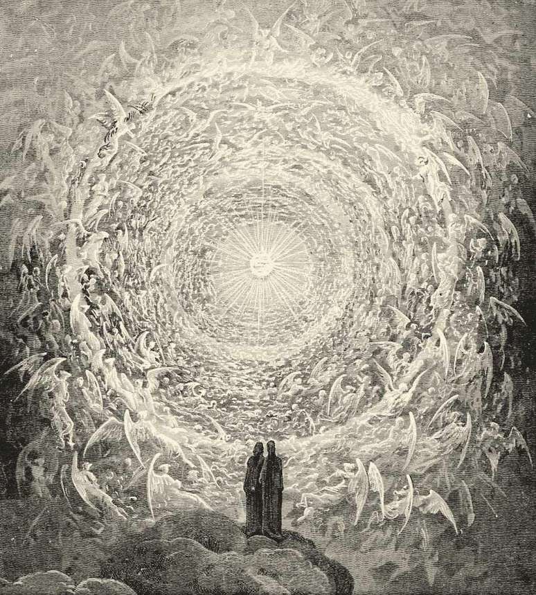 Gravura do s&eacute;culo 19 traz Dante e Beatriz, em refer&ecirc;ncia &agrave; Divina Com&eacute;dia, com anjos no Para&iacute;so, em ilustra&ccedil;&atilde;o de Gustave Dor&eacute;