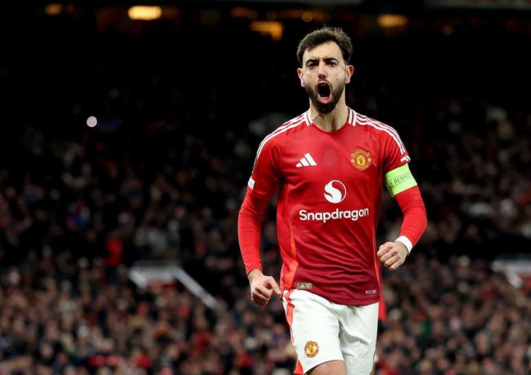 Bruno Fernandes comemorando um gol do Manchester United 