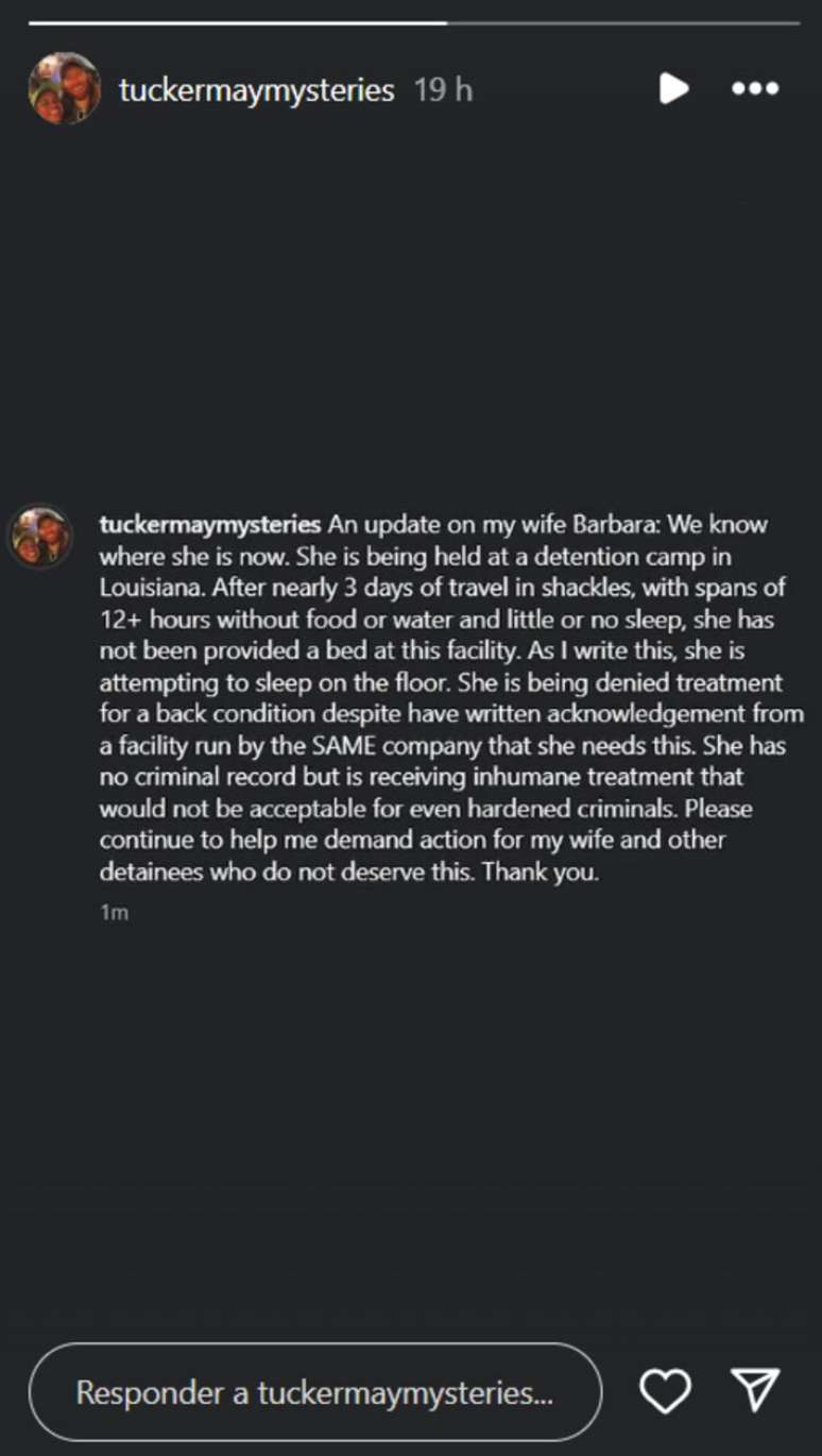 Tucker May denuncia falta de alimentação, sono e cuidados médicos adequados para a esposa