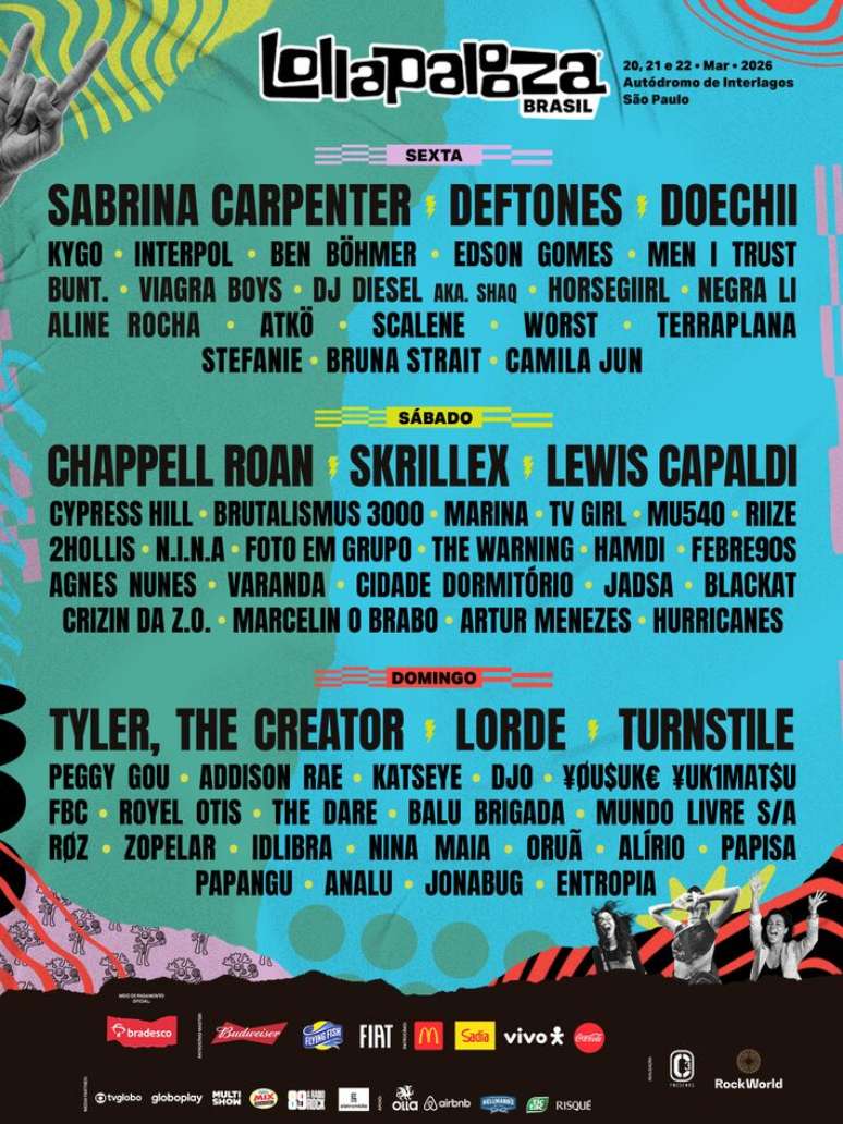 Lollapalooza Brasil 2026 anuncia line-up por dia.