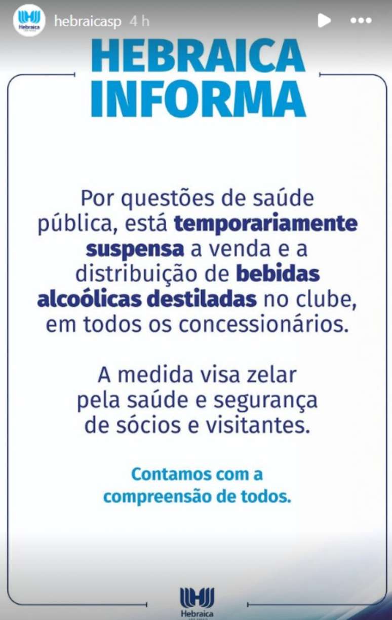 Clube Hebraica publica aviso de que vai suspender a venda de bebida alc&oacute;olica adulterada.