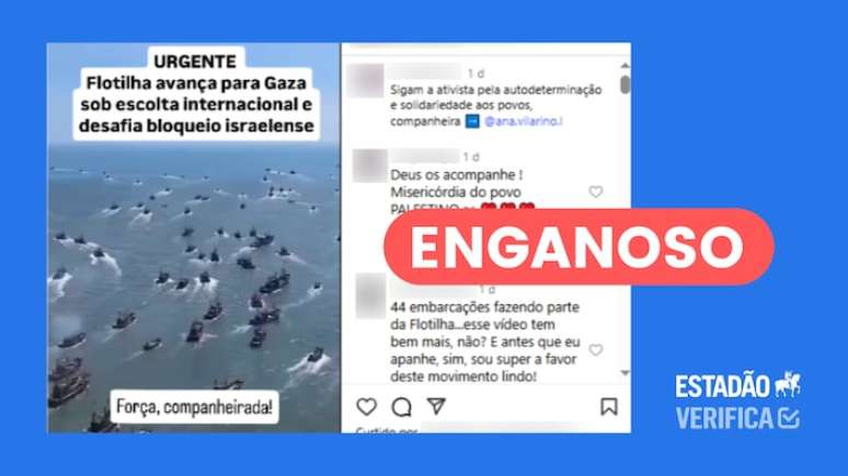 Vídeo não mostra flotilha chegando em Gaza.