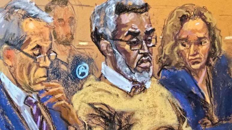 Ilustração de Diddy durante o julgamento — não são permitidas câmeras dentro do tribunal